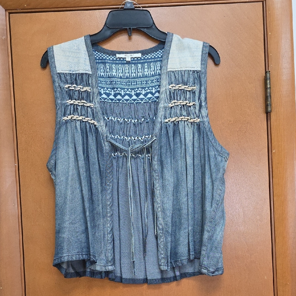 Miss Me Blue Denim Tank Top with Patterned Accents